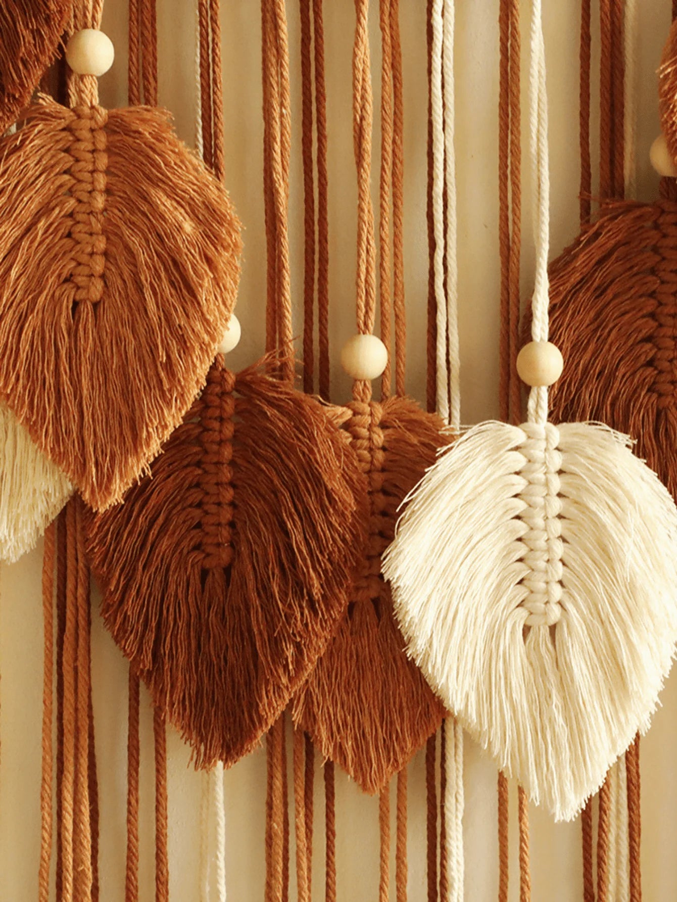 Trendy Boho Macrame Wall Hanging Organic Cotton Leaf Pattern Tapestry with Wood Beads Yoga Studio Decor Eco Friendly Home Accent