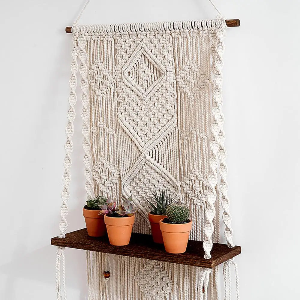 Macrame Wall Hanging Tapestry With Wooden Shelf Handwoven Bohemia Tassel Curtain Tapestry Wedding Backgrou Boho Decor