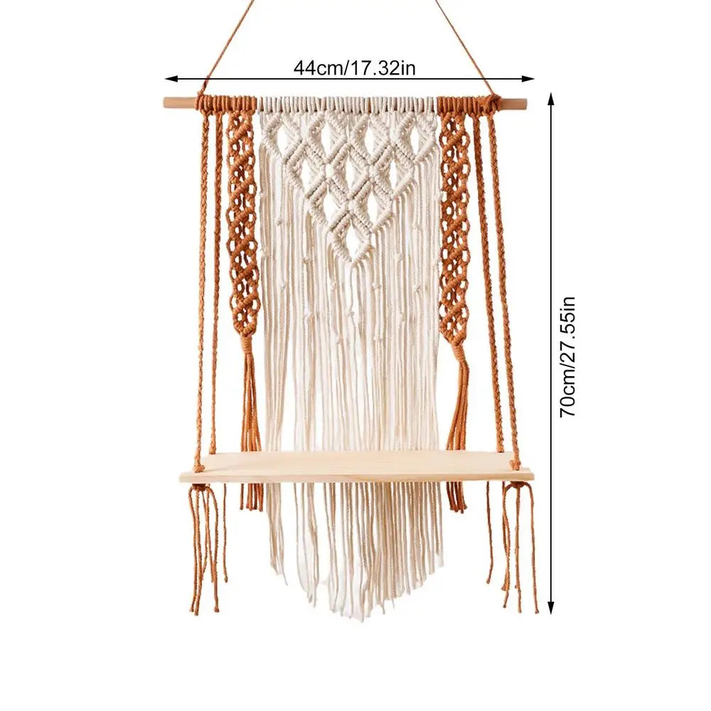 Macrame Wall Hanging Tapestry With Wooden Shelf Handwoven Bohemia Tassel Curtain Tapestry Wedding Backgrou Boho Decor