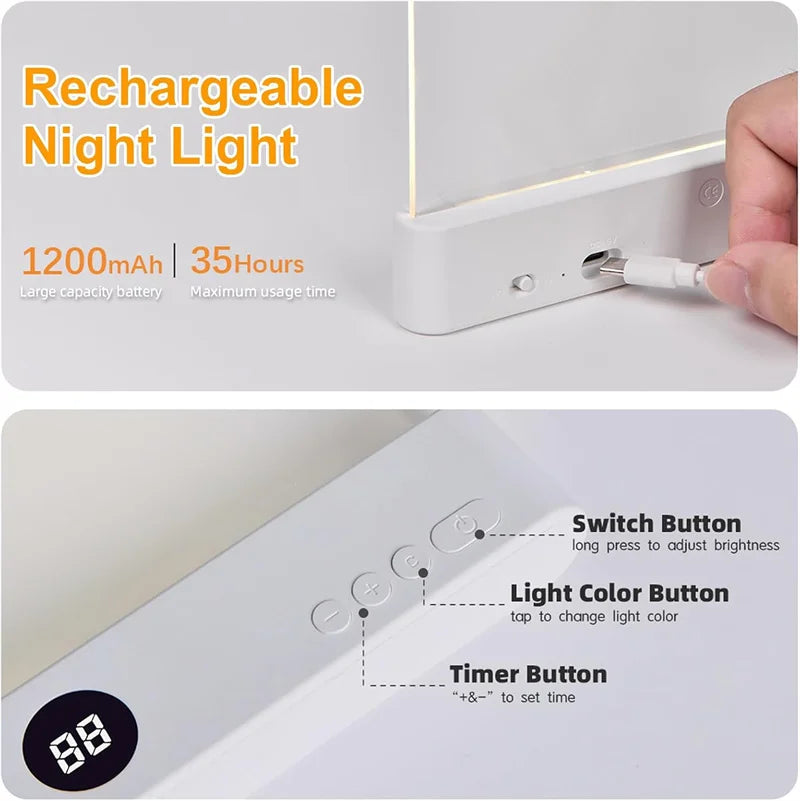 Book Light, Rechargeable Clear LED Flat Reading Light, Dimmable Panel Plate Lamp Book Full Page Light for Reading at Night