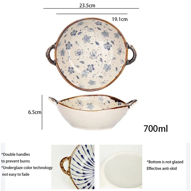 Japanese Household Noodle Bowl 7.5inch Ceramic Soup Bowl With Handle Salad Pasta Bowl Kitchen Tableware Microwave Oven Bakware