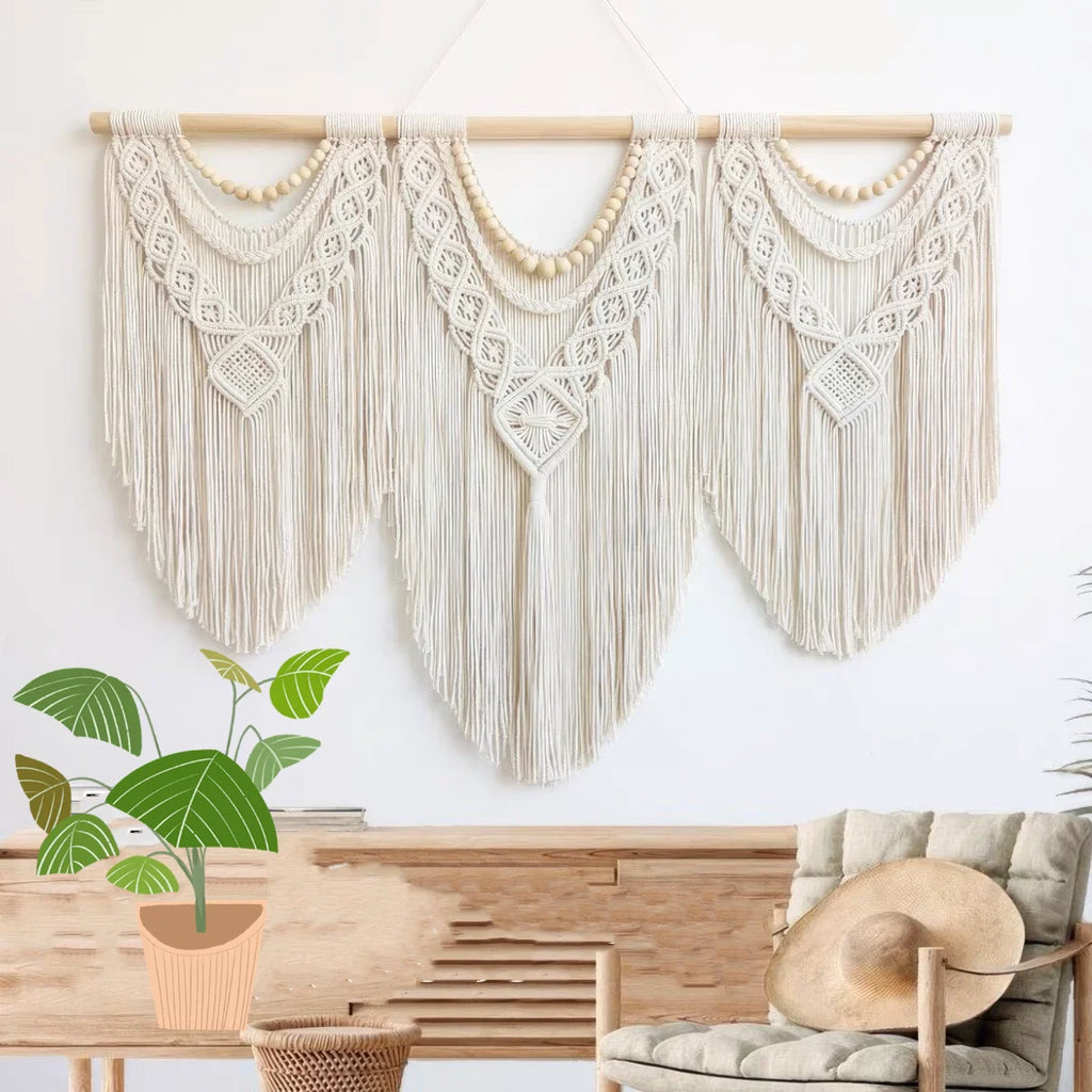 Macrame Handwoven Bohemian Cotton Rope Boho Tapestry Home Decor Creamy-White Wall Hanging Decoration Art Tapestry