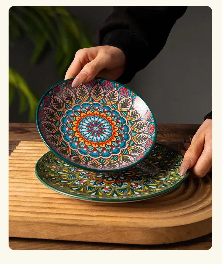 8IN Vintage Ceramic Plates Steak Plates Western Plates Flat  Dinner Plates And Shallow Plates Pasta Egg Vegetables Plate