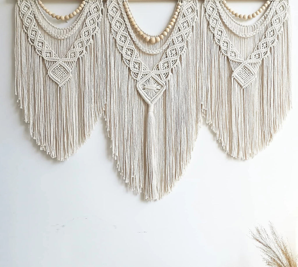 Macrame Handwoven Bohemian Cotton Rope Boho Tapestry Home Decor Creamy-White Wall Hanging Decoration Art Tapestry