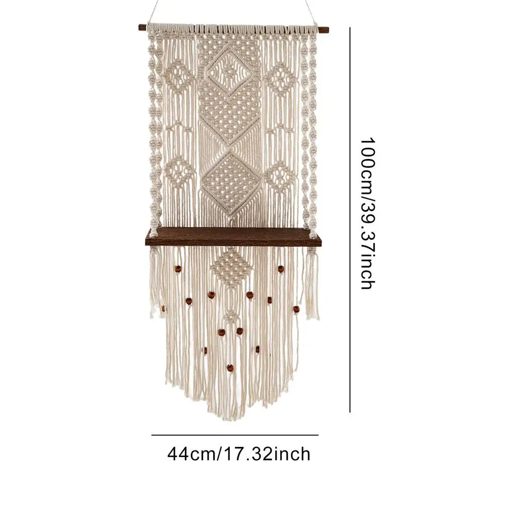 Macrame Wall Hanging Tapestry With Wooden Shelf Handwoven Bohemia Tassel Curtain Tapestry Wedding Backgrou Boho Decor