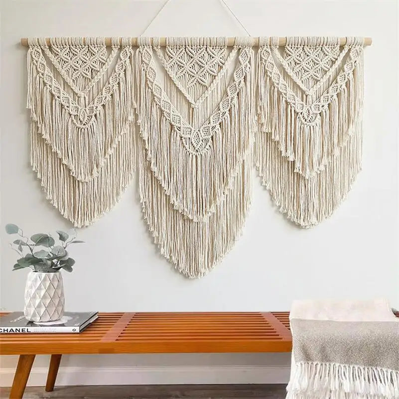 Handwoven Macrame Tassel Pendant Wall Hanging  Tapestry  with  Wooden Stick Hand-Woven Bohemia Tassel Curtain Tapest