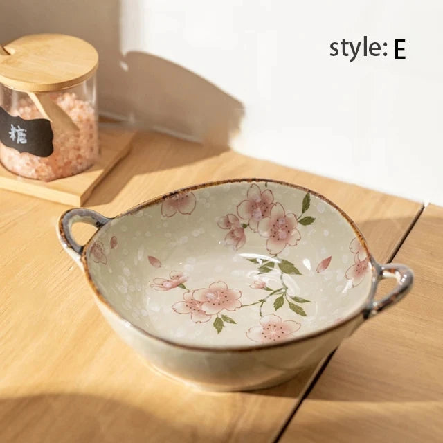 Japanese Household Noodle Bowl 7.5inch Ceramic Soup Bowl With Handle Salad Pasta Bowl Kitchen Tableware Microwave Oven Bakware