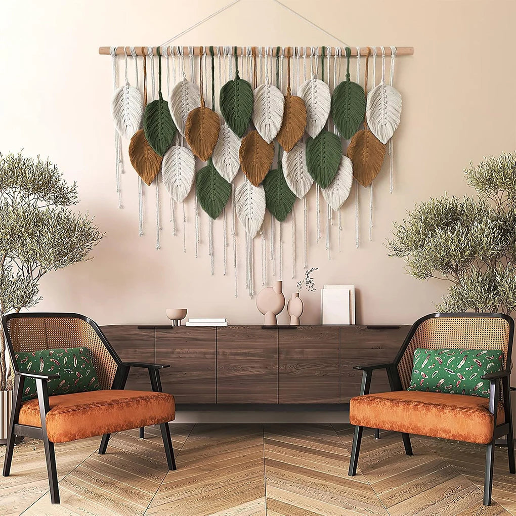 Large Macrame Wall Hanging Boho Woven Tapestry Chic Home Decor Modern Bohemian Handmade Leaf Feather Wall Art Decorations