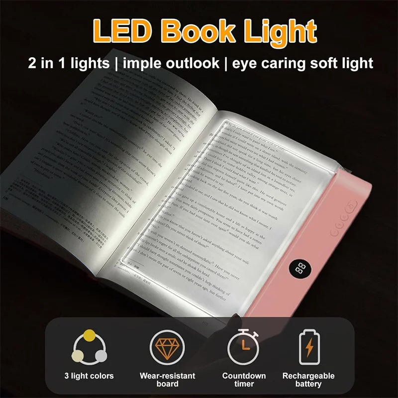 Book Light, Rechargeable Clear LED Flat Reading Light, Dimmable Panel Plate Lamp Book Full Page Light for Reading at Night