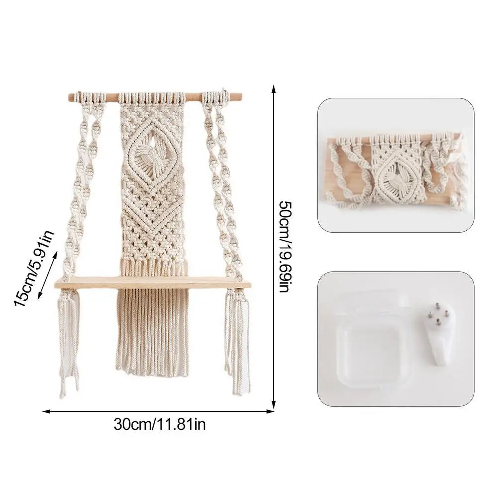 Macrame Wall Hanging Tapestry With Wooden Shelf Handwoven Bohemia Tassel Curtain Tapestry Wedding Backgrou Boho Decor
