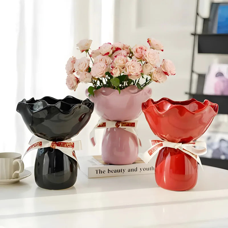 Ceramic Vase Rose Flower Shaped Vase Desk Decorati Flowers Bouquet for Home Girding Decorative Floral Vases Room Aesthetic Decor