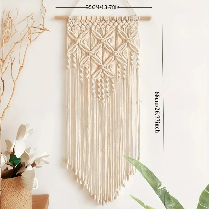 1pcs Polyester-Cotton Macrame Wall Hanging with Fringe Clover Diamond Grid Pattern for Home Decor Fashionable Room Decoration
