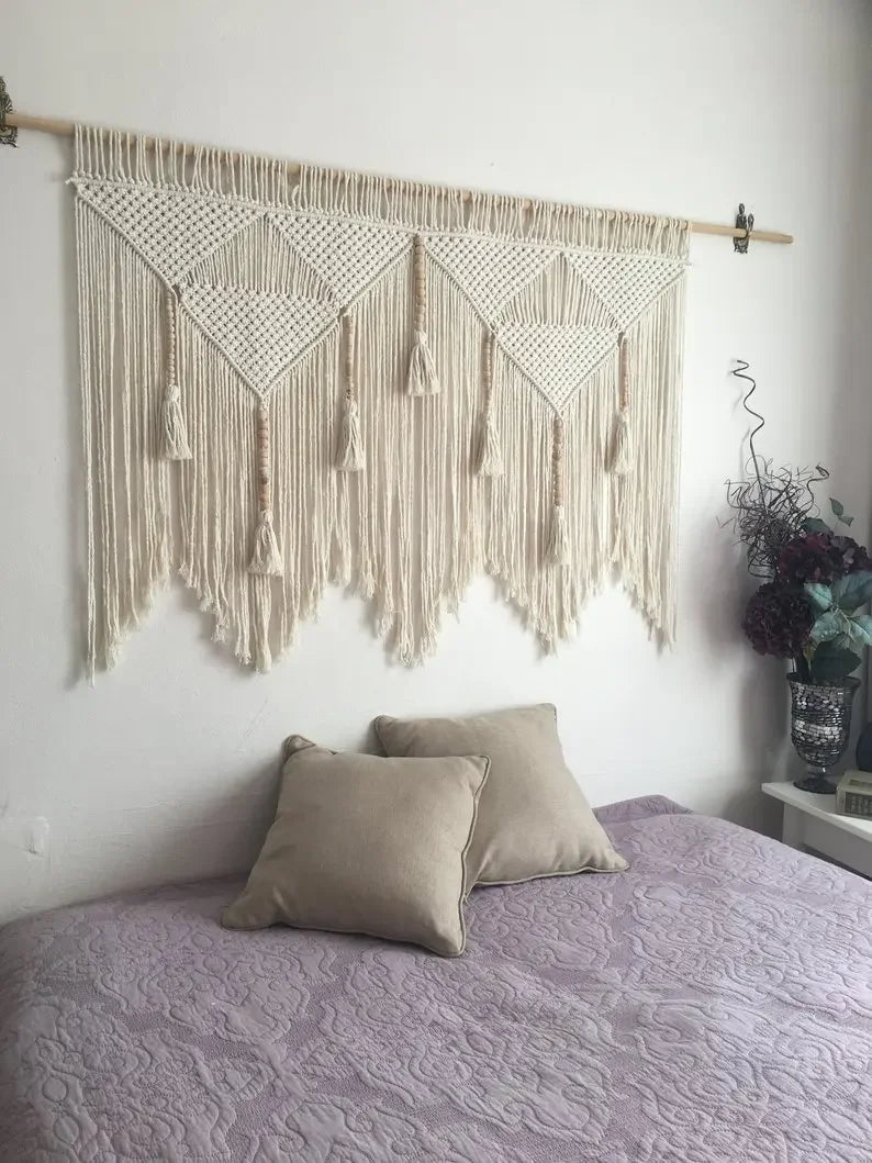 Bohemian Hand-Woven Tapestry Curtains Leaf Pattern Tassel Sofa Bedside Background Wall Hanging Room Decoration Curtain Tapestry