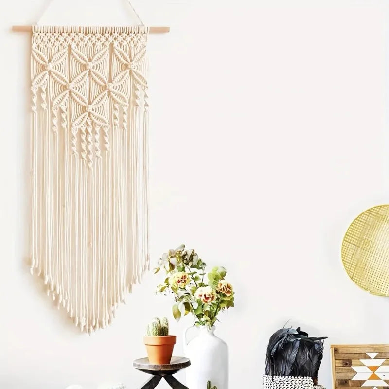 1pcs Polyester-Cotton Macrame Wall Hanging with Fringe Clover Diamond Grid Pattern for Home Decor Fashionable Room Decoration