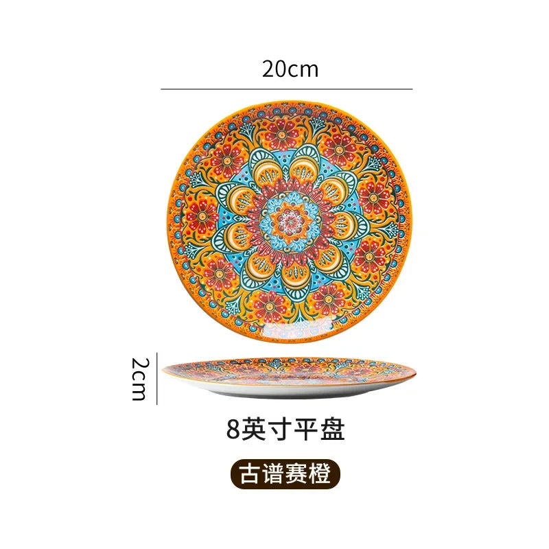 8IN Vintage Ceramic Plates Steak Plates Western Plates Flat  Dinner Plates And Shallow Plates Pasta Egg Vegetables Plate