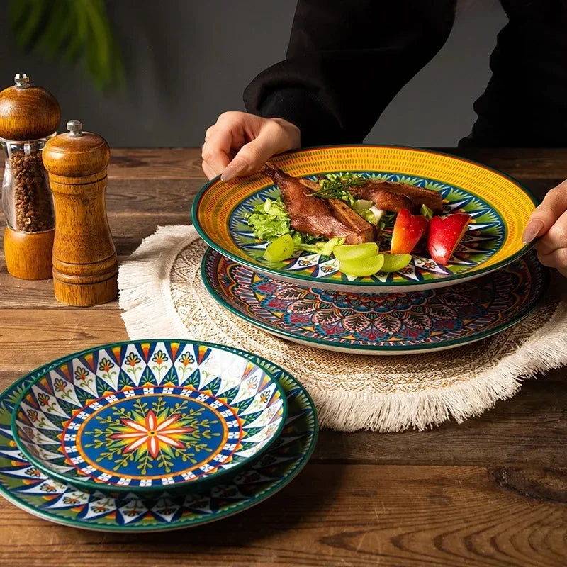 8IN Vintage Ceramic Plates Steak Plates Western Plates Flat  Dinner Plates And Shallow Plates Pasta Egg Vegetables Plate