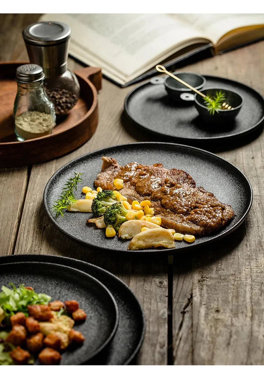 Ceramics Plate Set Home Black Plates Dishes Japanese Style Dinnerware Set Kitchen Decoration Steak Western Food Breakfast Plates