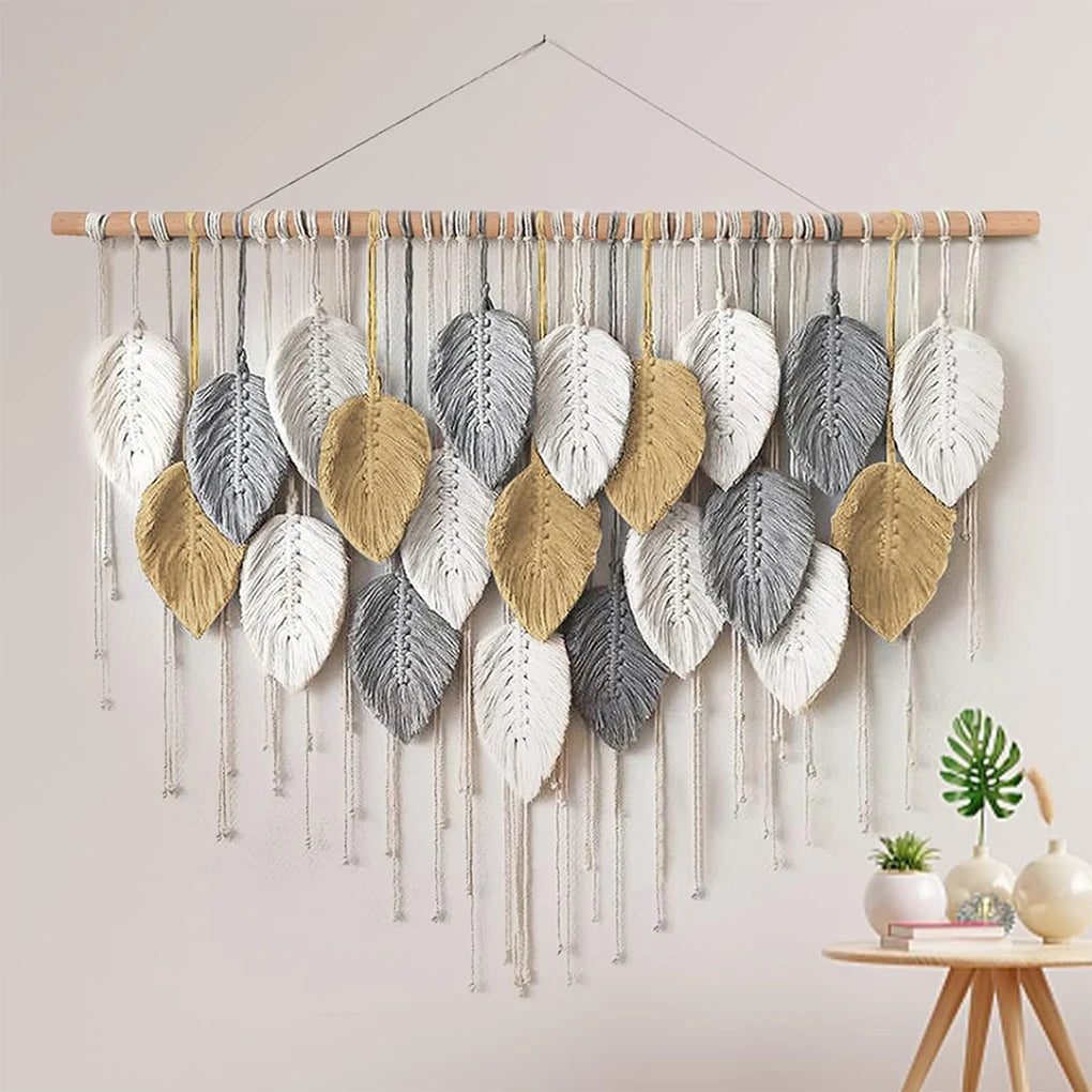 Large Macrame Wall Hanging Boho Woven Tapestry Chic Home Decor Modern Bohemian Handmade Leaf Feather Wall Art Decorations