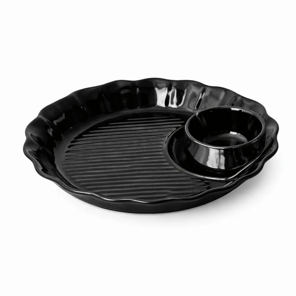 Tableware Round Ceramic Dumpling Dishes Thicken Divided Grids Serving Plates Ruched Hem French Fries Plate Kitchen