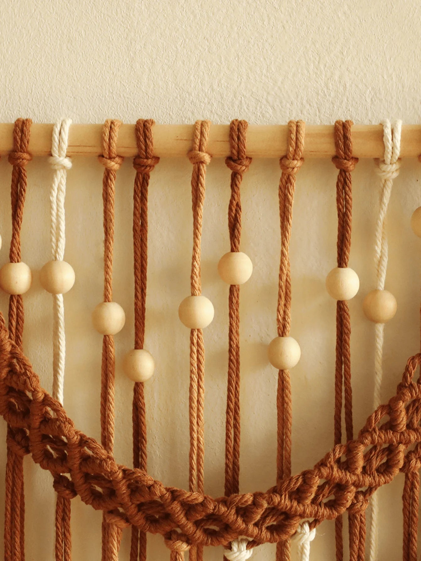Trendy Boho Macrame Wall Hanging Organic Cotton Leaf Pattern Tapestry with Wood Beads Yoga Studio Decor Eco Friendly Home Accent