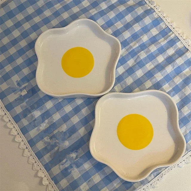 Novelty Ceramic Plate Lovely Fried Egg Shape Afternoon Tea Dessert Saucer Breakfast Salad Fruit Tray Creative Tableware Dishes