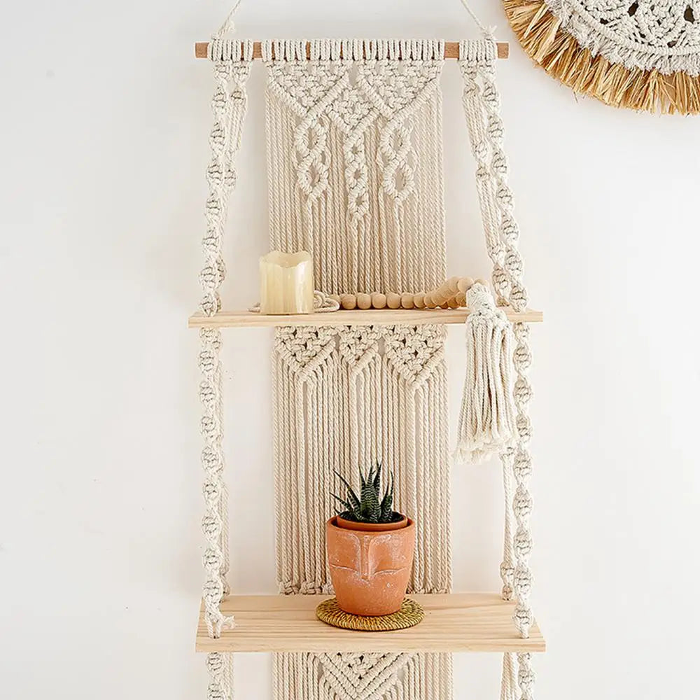 Macrame Wall Hanging Tapestry With Wooden Shelf Handwoven Bohemia Tassel Curtain Tapestry Wedding Backgrou Boho Decor