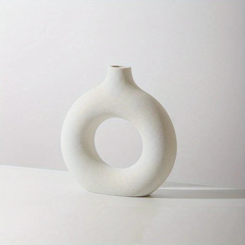 1pc, White/Beige Ceramic Vase  Vases For Decor, Modern Home Decor Vase, Boho Vases For Decor, Circle Vase, Round Vase, Donut Vas