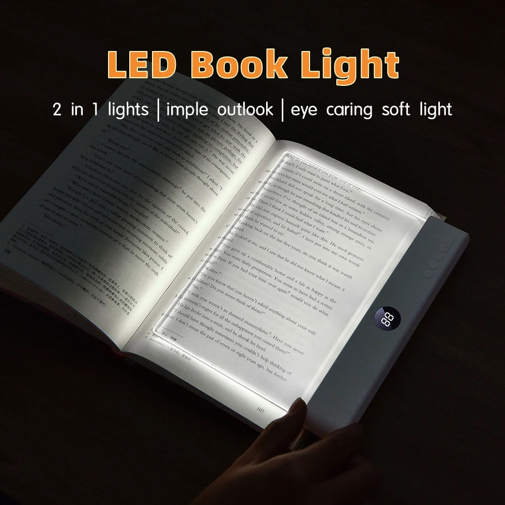 Book Light, Rechargeable Clear LED Flat Reading Light, Dimmable Panel Plate Lamp Book Full Page Light for Reading at Night