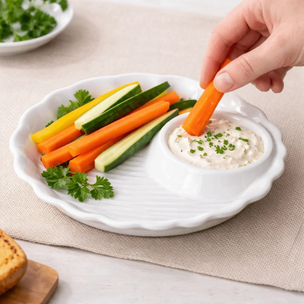 Tableware Round Ceramic Dumpling Dishes Thicken Divided Grids Serving Plates Ruched Hem French Fries Plate Kitchen