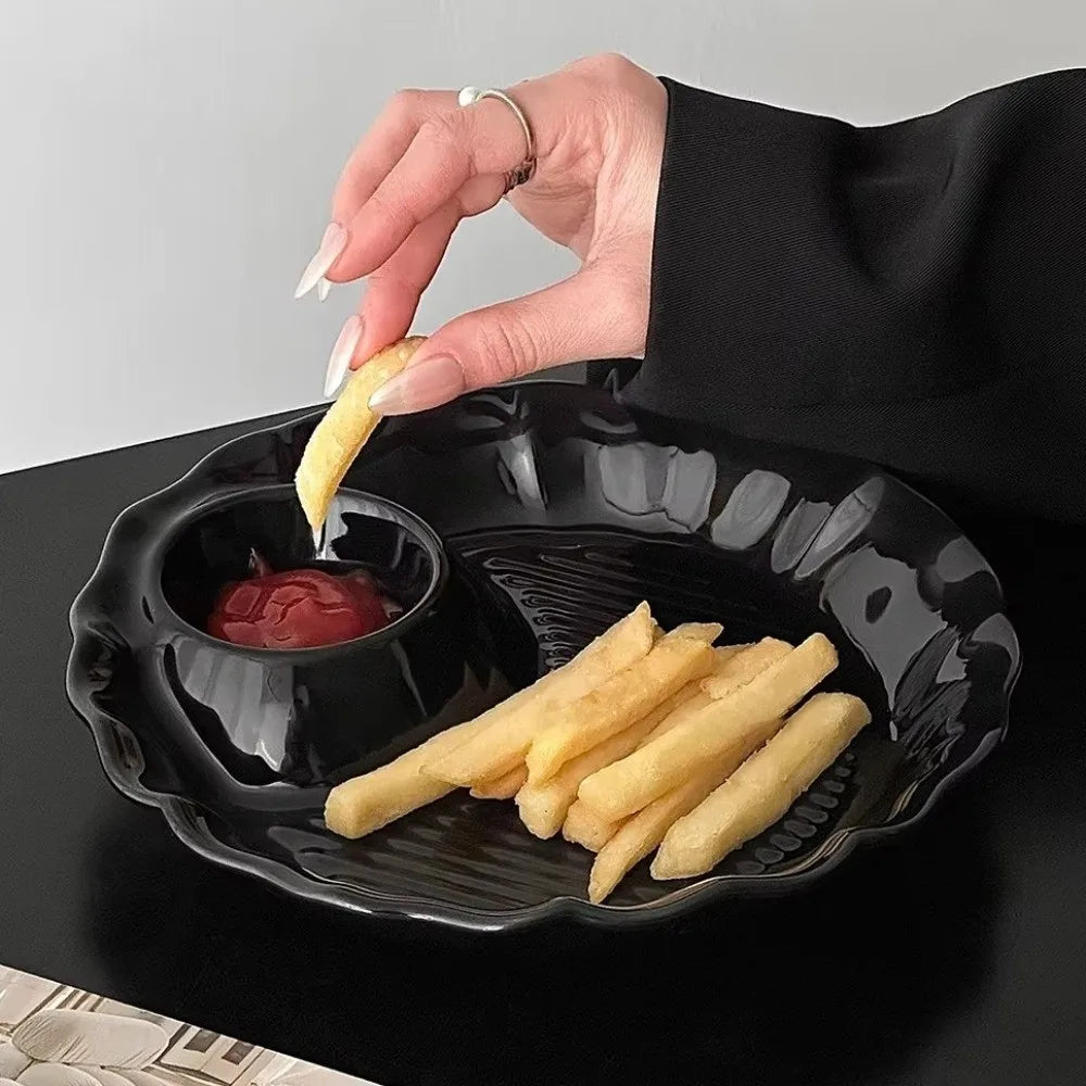 Tableware Round Ceramic Dumpling Dishes Thicken Divided Grids Serving Plates Ruched Hem French Fries Plate Kitchen