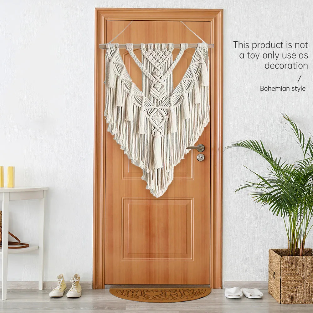Macrame Handwoven Bohemian Cotton Rope Boho Tapestry Wall Hanging Handicrafts Creamy-White Modern Chic Decoration Art Tapestry