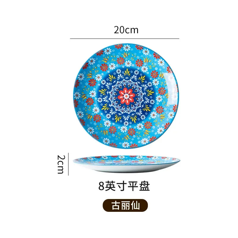 8IN Vintage Ceramic Plates Steak Plates Western Plates Flat  Dinner Plates And Shallow Plates Pasta Egg Vegetables Plate