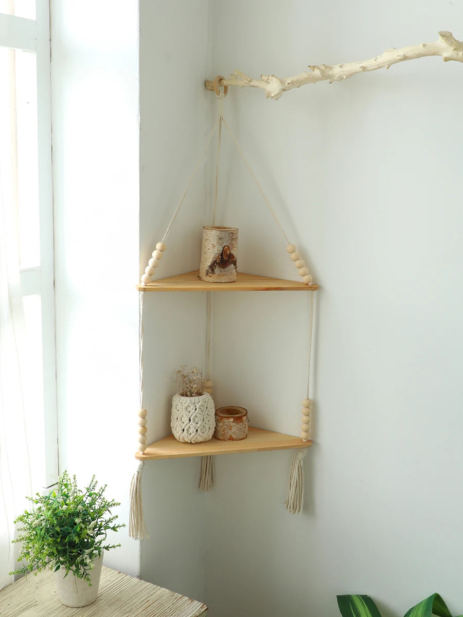 Macrame Hanging Shelf Wall Decor Handmade Rope Rustic Wood Floating Wall Shelf Display Stand Corner Wall Shelf For Photos Plant