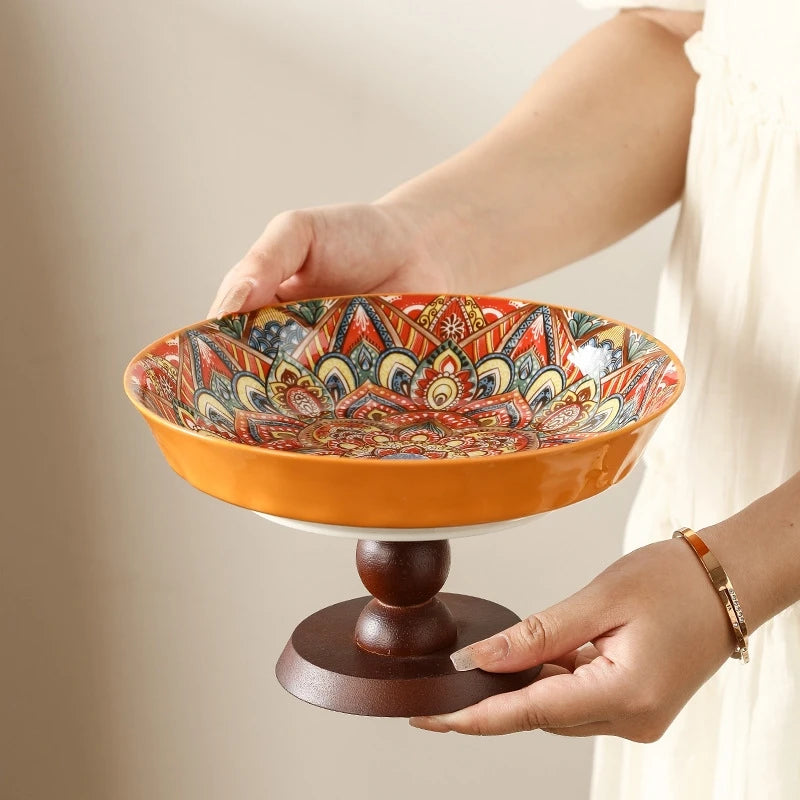 Ceramic Fruit Tray Boho Vintage Premium Serving Plate Coffee Table Snacks Centerpiece For Living Room Kitchen Gifts For Couples