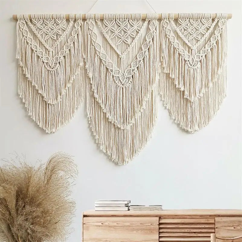 Handwoven Macrame Tassel Pendant Wall Hanging  Tapestry  with  Wooden Stick Hand-Woven Bohemia Tassel Curtain Tapest